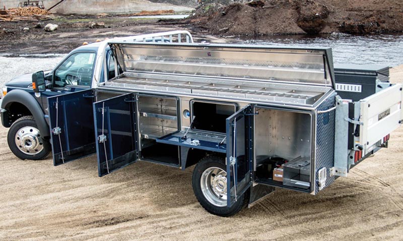 blue service truck with lift-out tool trays