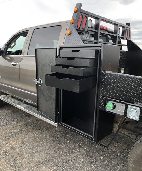 brown service truck with compact storage drawers