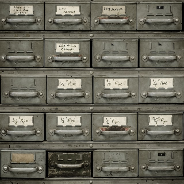 labeled drawers for easy identification of what is inside