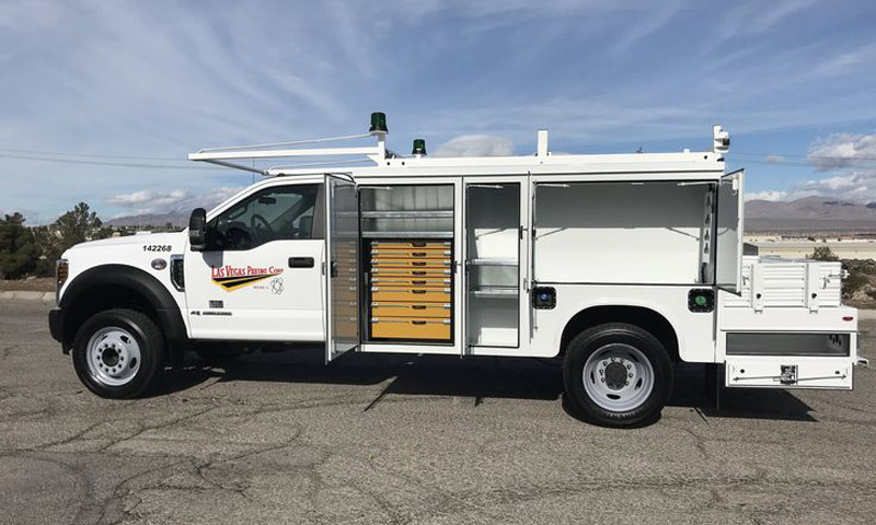 white service truck with drawers