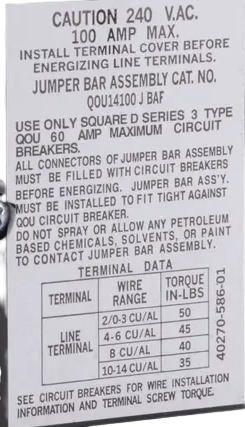 Square D QOU14100JBAF Jumper Bar Assembly 4-Pole 100A with Front Wiring